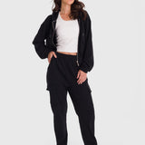 Polera Para Mujer Hoodie Zip Cargo Negro Bsoul