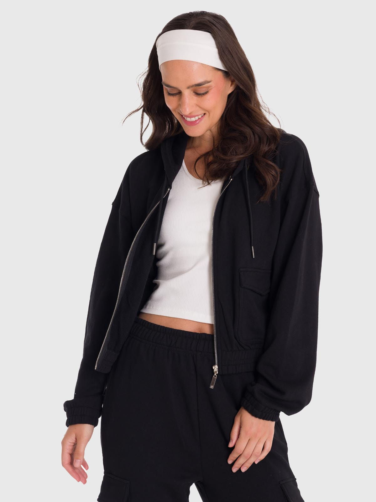 Polera Para Mujer Hoodie Zip Cargo Negro Bsoul