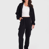 Polera Para Mujer Hoodie Zip Cargo Negro Bsoul